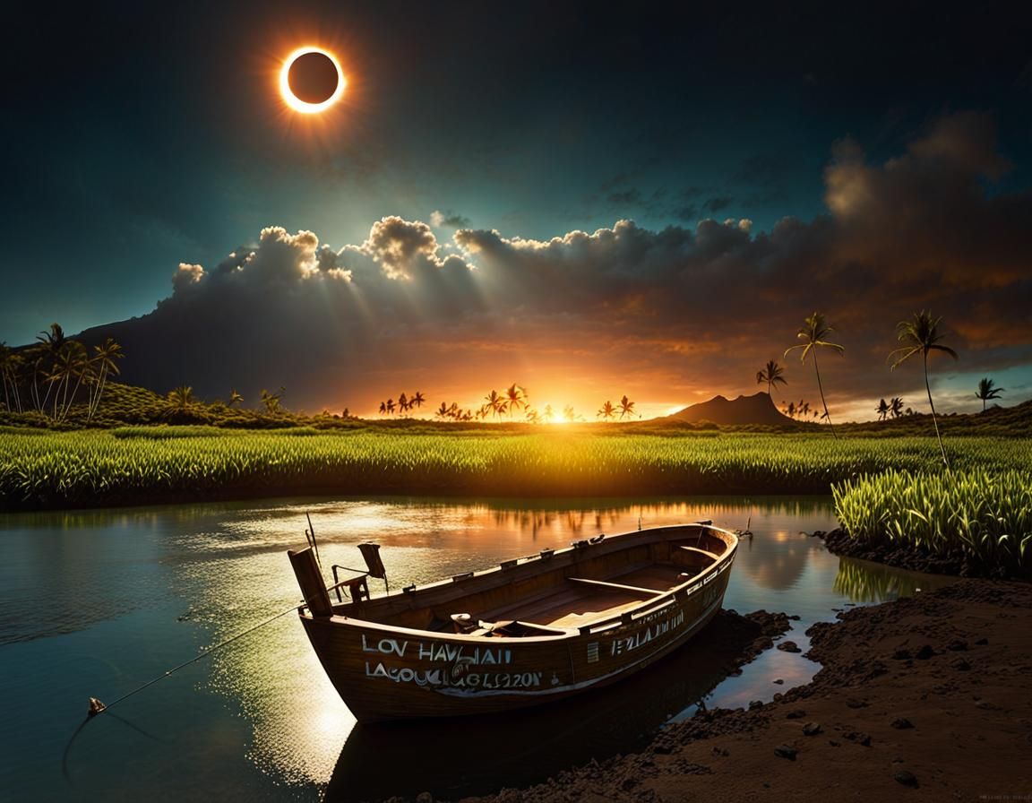 Solar Eclipse Over Hawaiian Fishing Lagoon