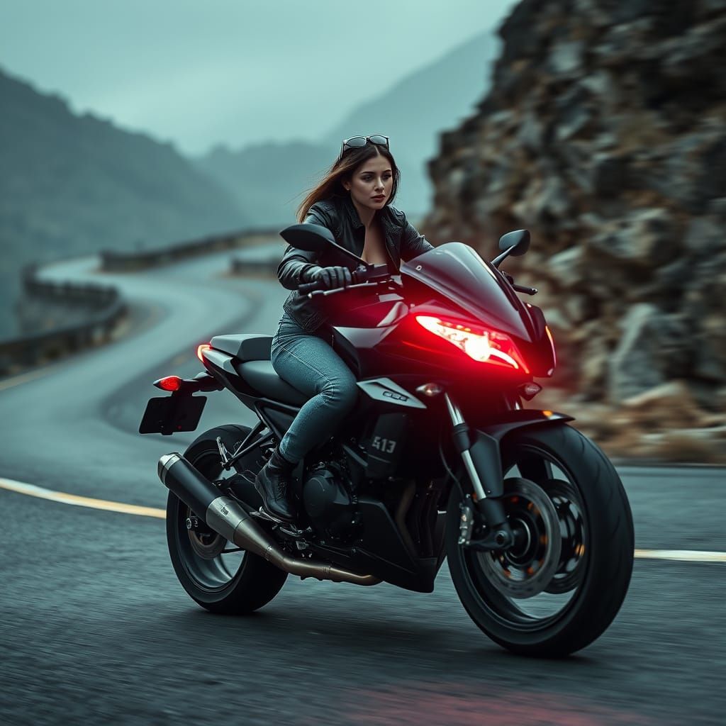 Woman on Motorcycle in Cyberpunk Style