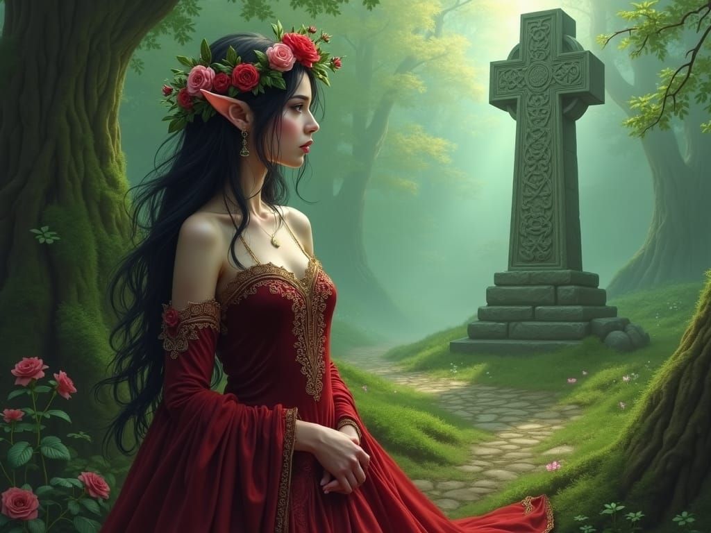 Elf Woman in Celtic Forest with Flower Crown