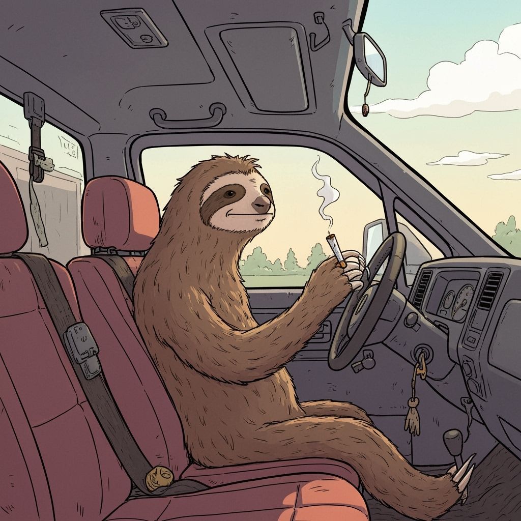 Sloth Driving Van with Blunt in Comic Style
