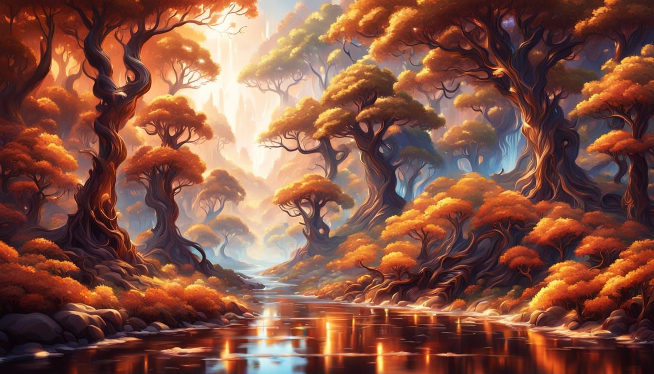 Chocolate River in Fantasy Forest Oil Painting