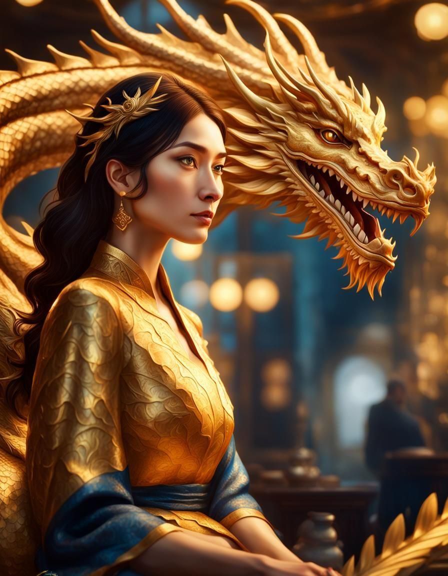 A golden dragon, protecting and watching over a  damsel in d...