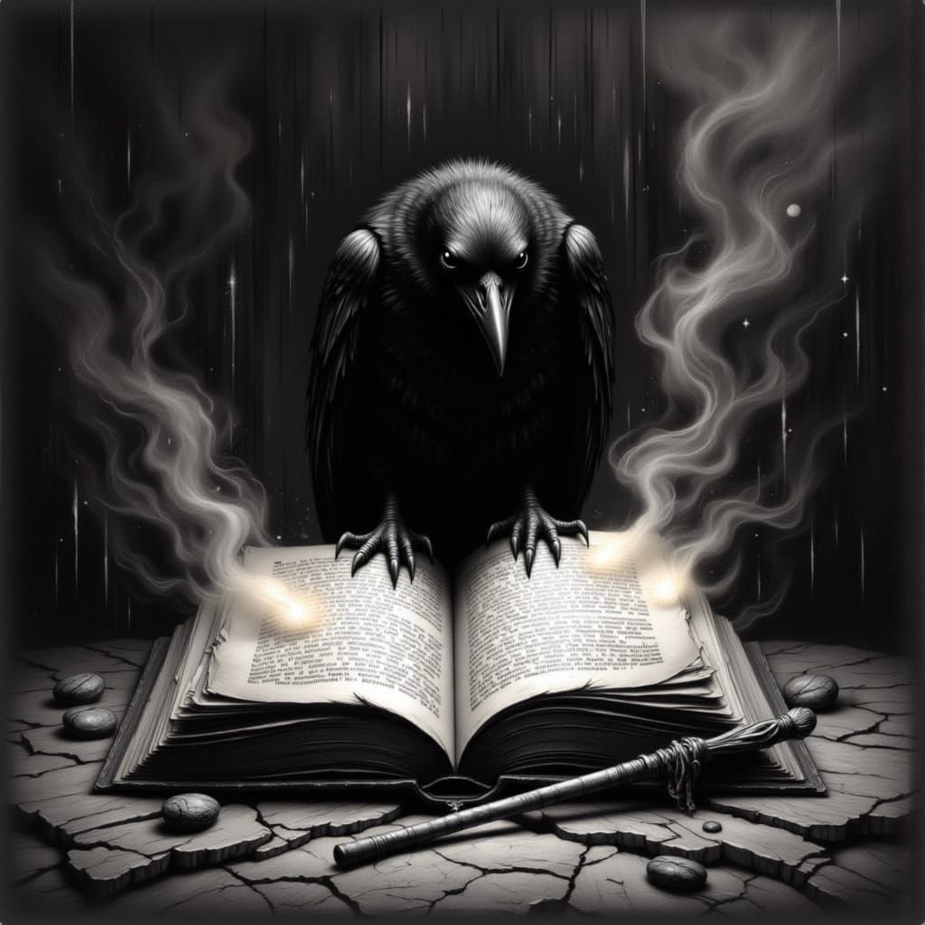 Raven and Spellbook in Charcoal Drawing Style