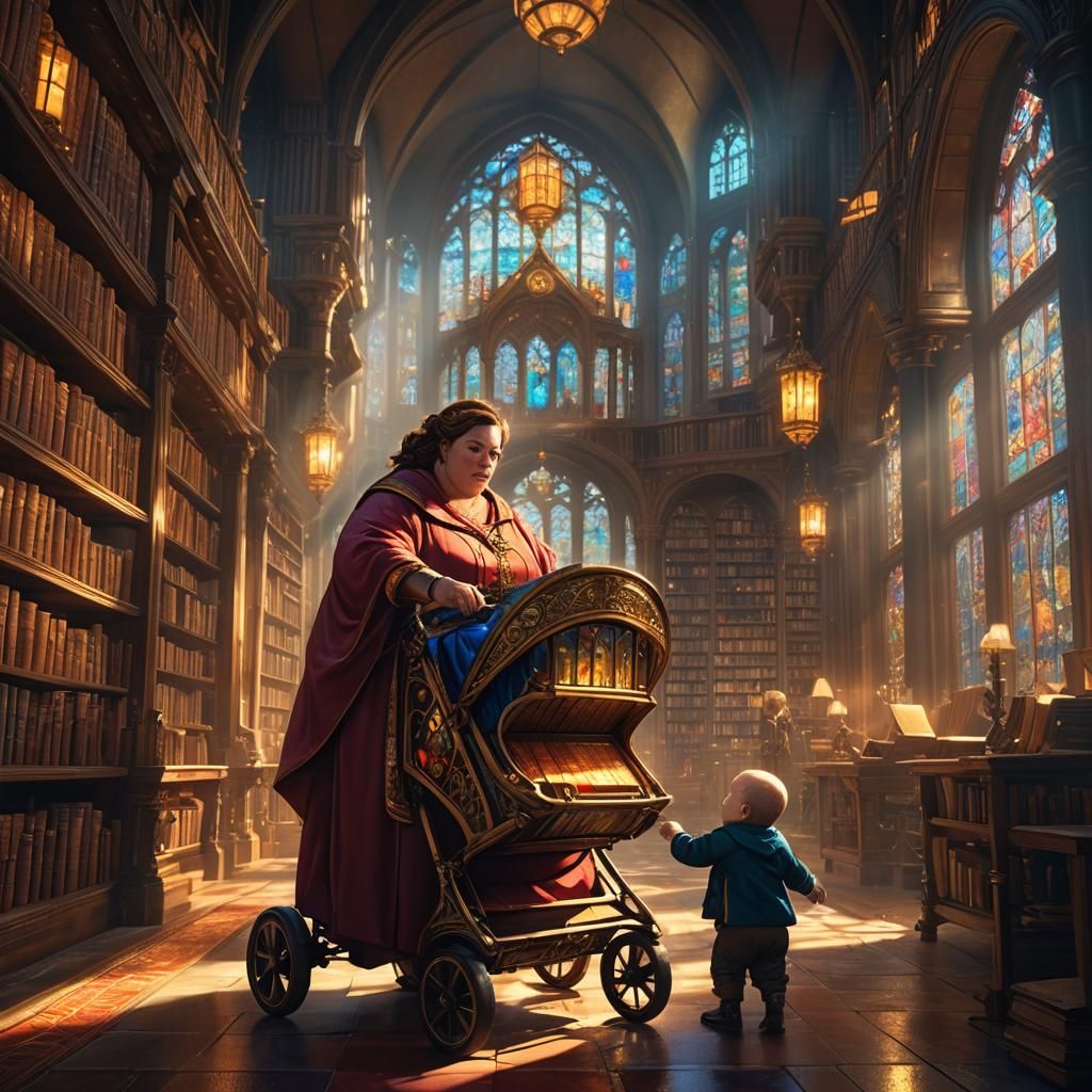 Mystical Library Scene with Mother and Stroller