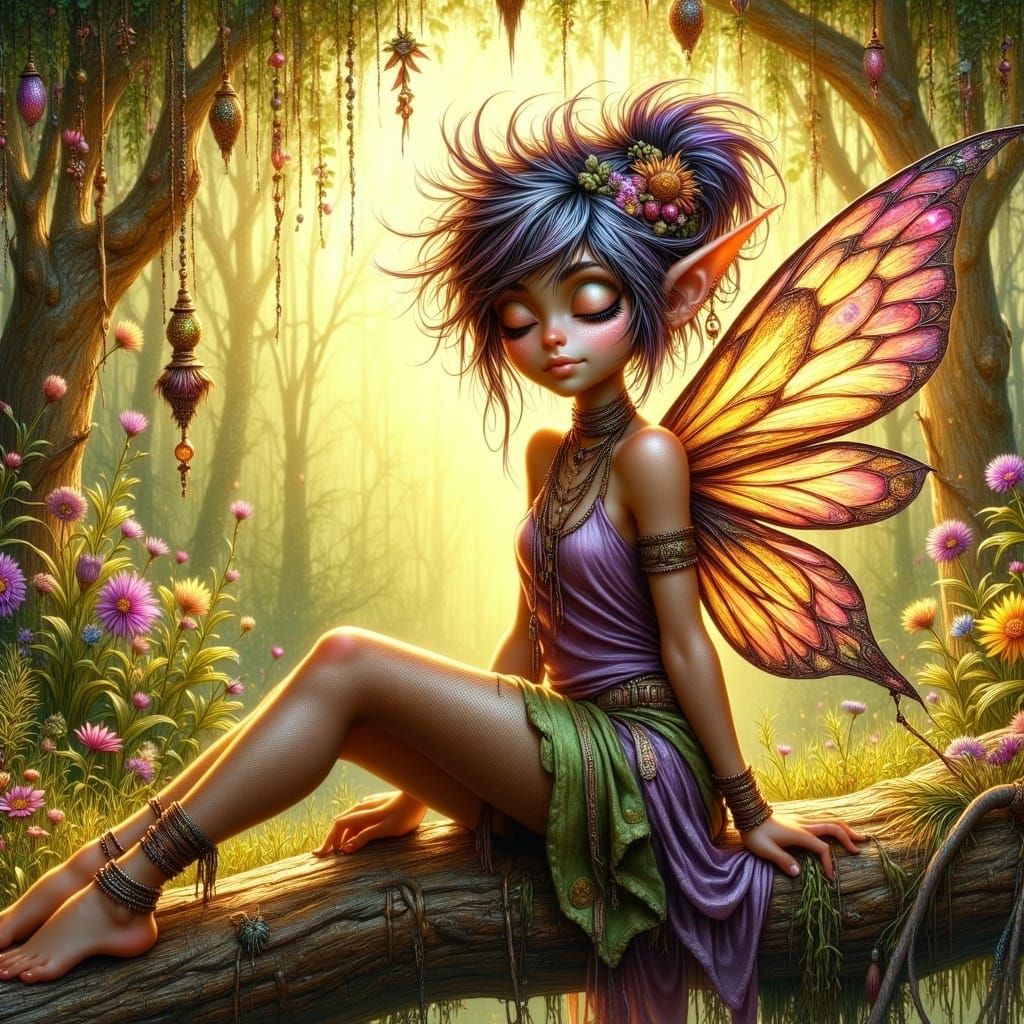 Whimsical Fairy Lounging in Enchanted Forest