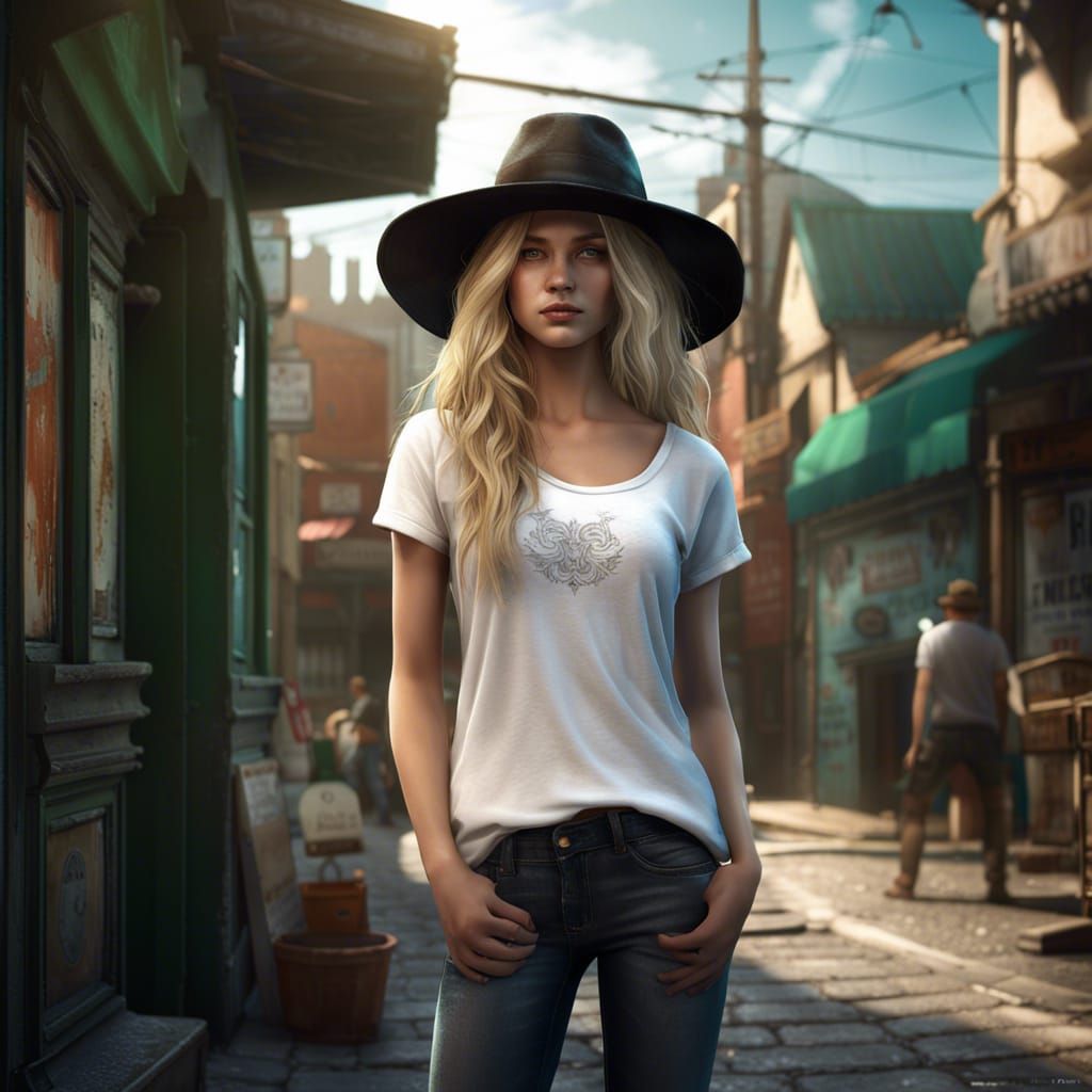 Teenage Girl in City, Detailed Matte Painting