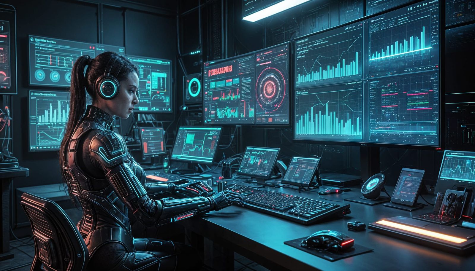 Futuristic Workspace with Holographic Screens and AI Assista...