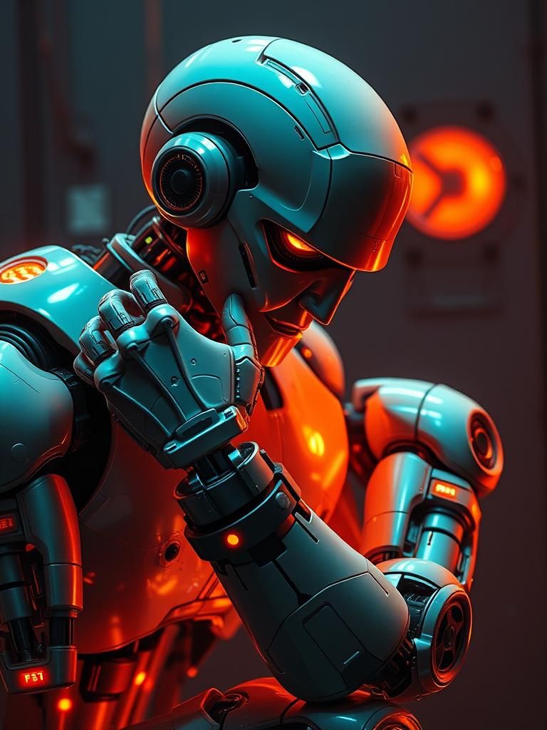 Retrofuturistic Robot Thinker in Dynamic Lighting