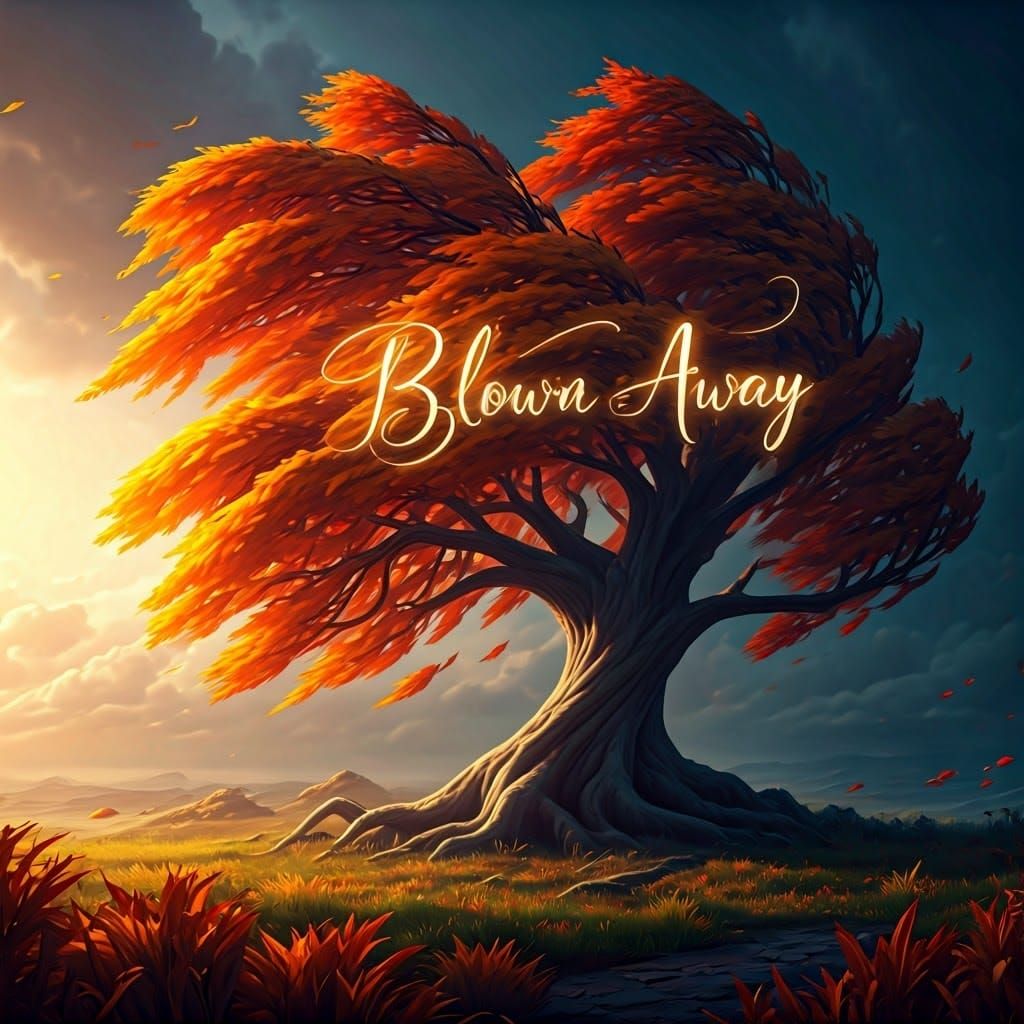 Autumn Tree with Blowing Leaves in Matte Painting Style