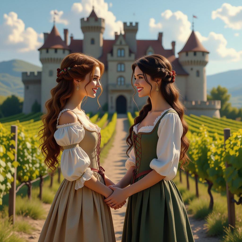 Medieval Castle Scene with Women in a Fantasy Landscape