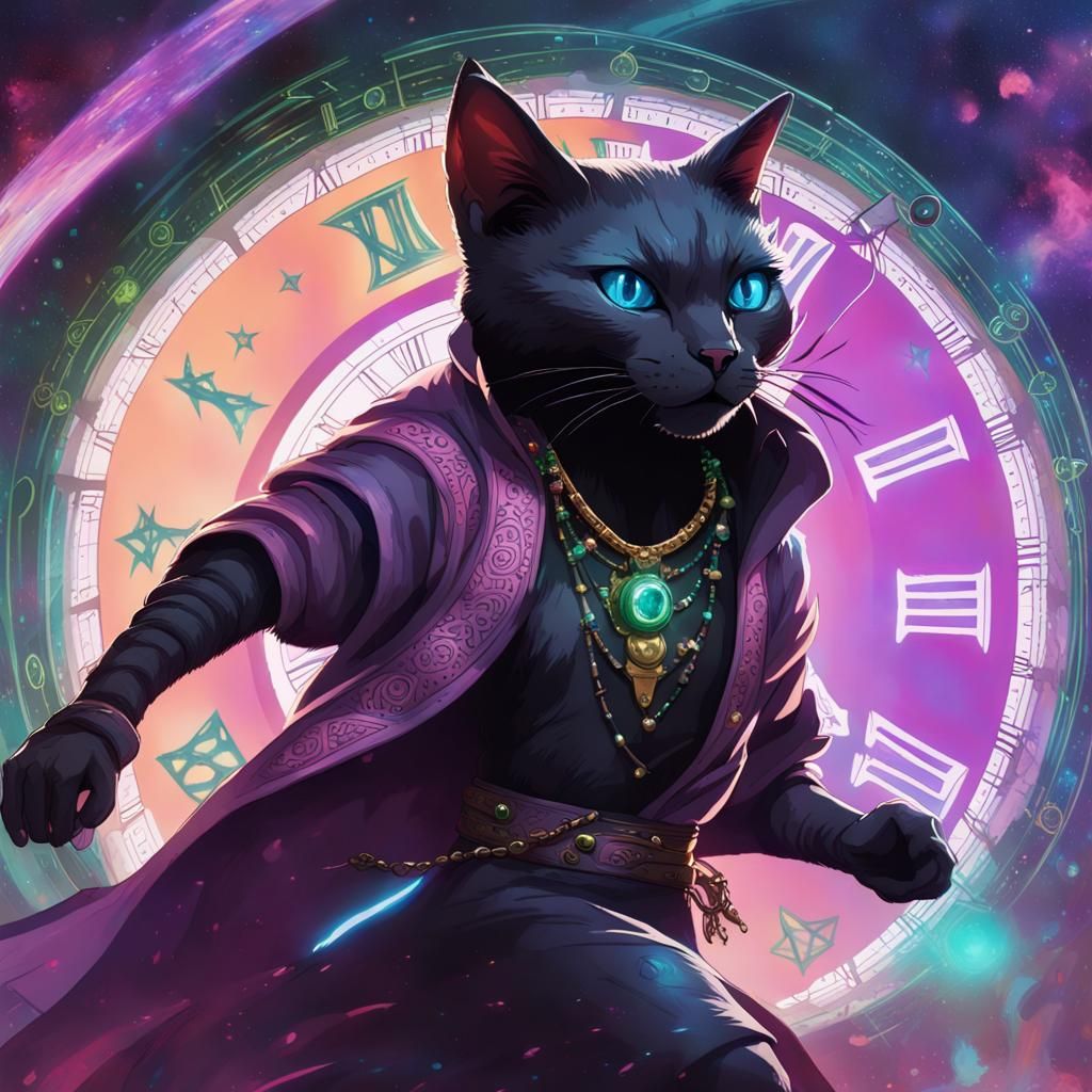 D&D Cat Wizard Sprinting Through Time in Cyberpunk