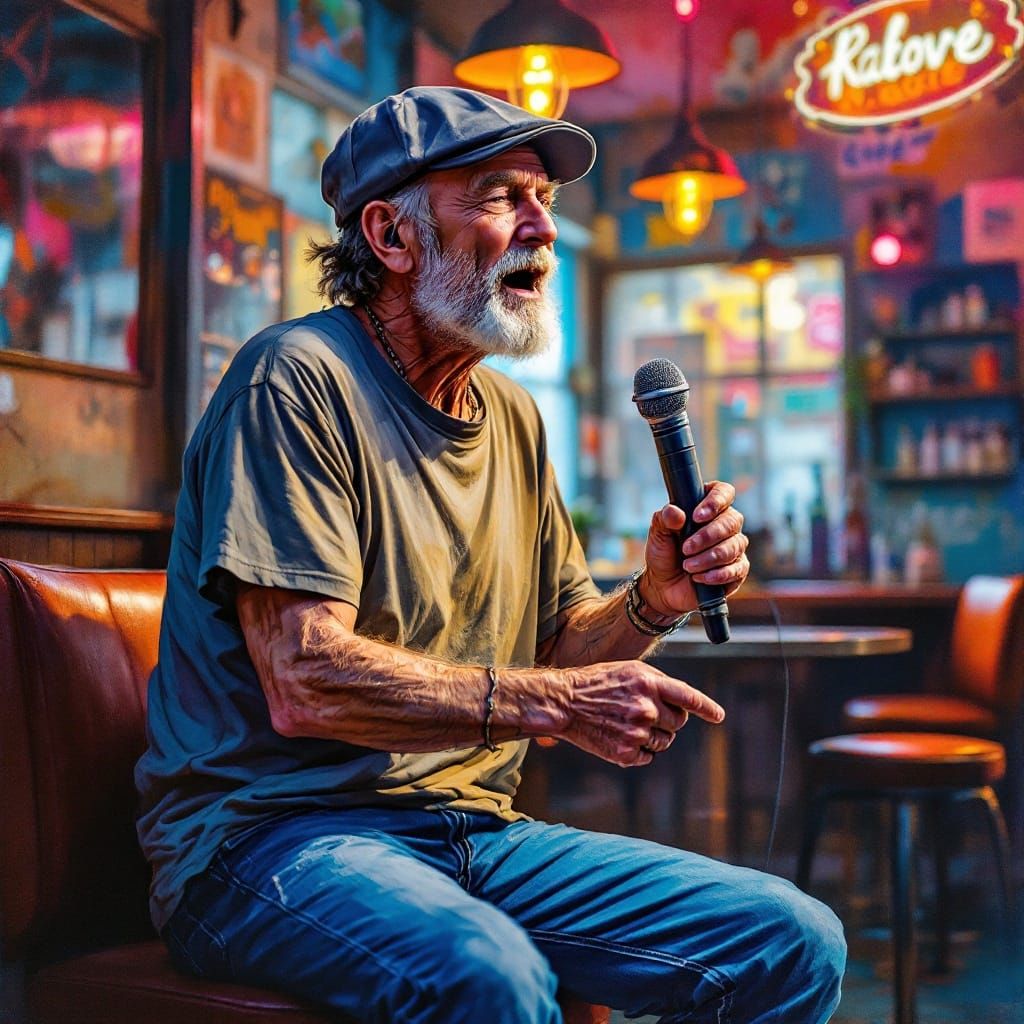 Vintage Rocker Man Shines on Stage in Whimsical Watercolor S...