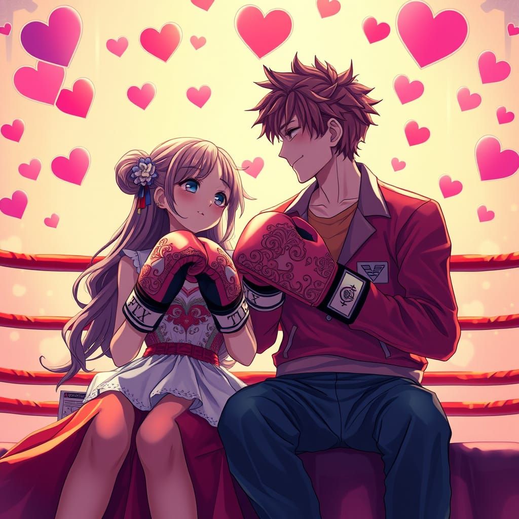 Anime Couple in Vibrant Boxing Ring with Floating Hearts