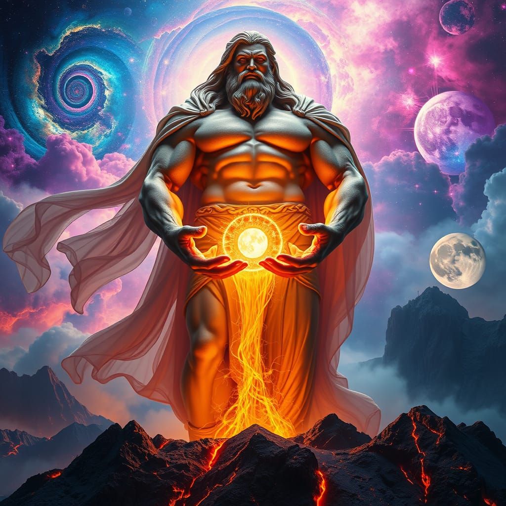 Muscular Titan Hovers Between Celestial Heaven and Dark Eart...