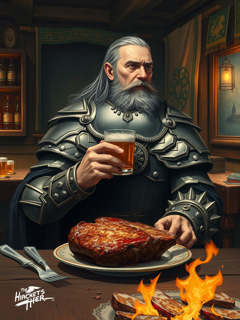 Dragon Scale Warrior in Rustic Pub, Fantasy Art