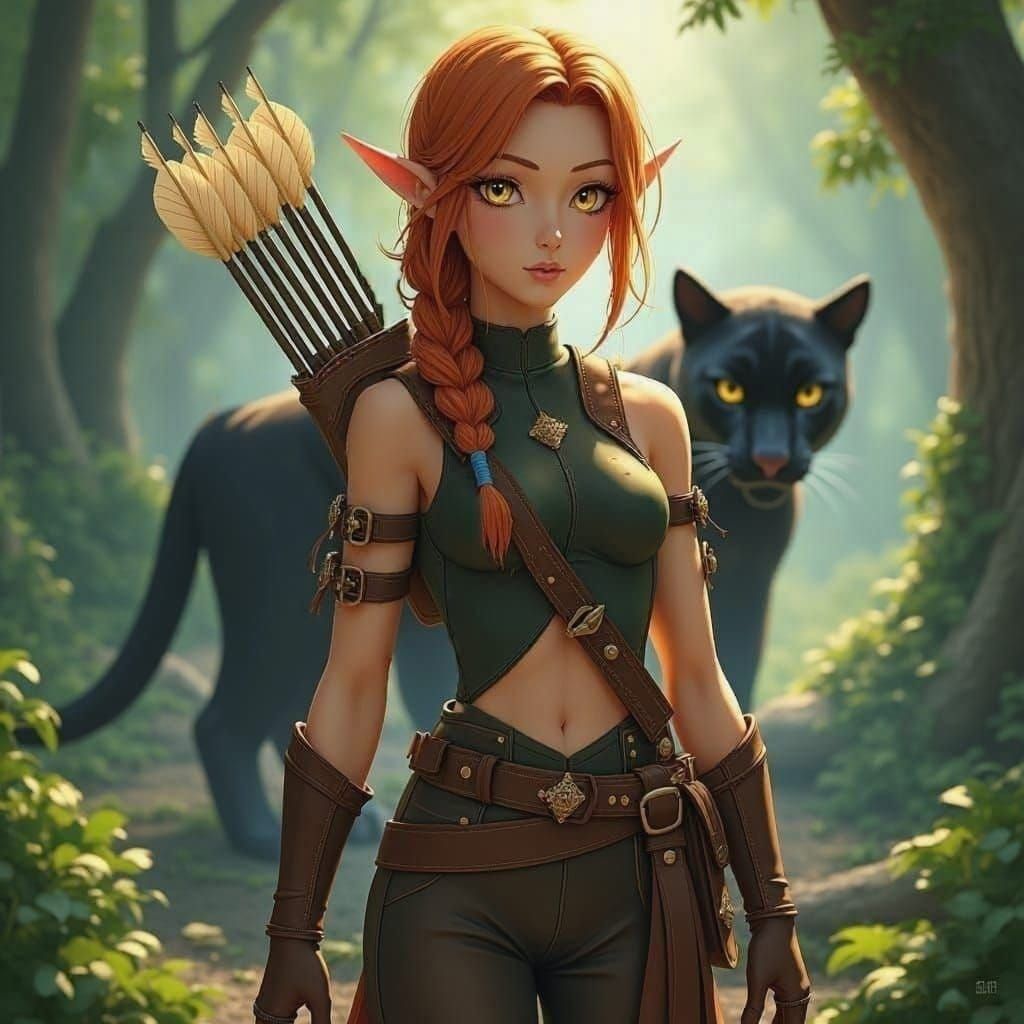 Elven Huntress with Panther in Anime Style