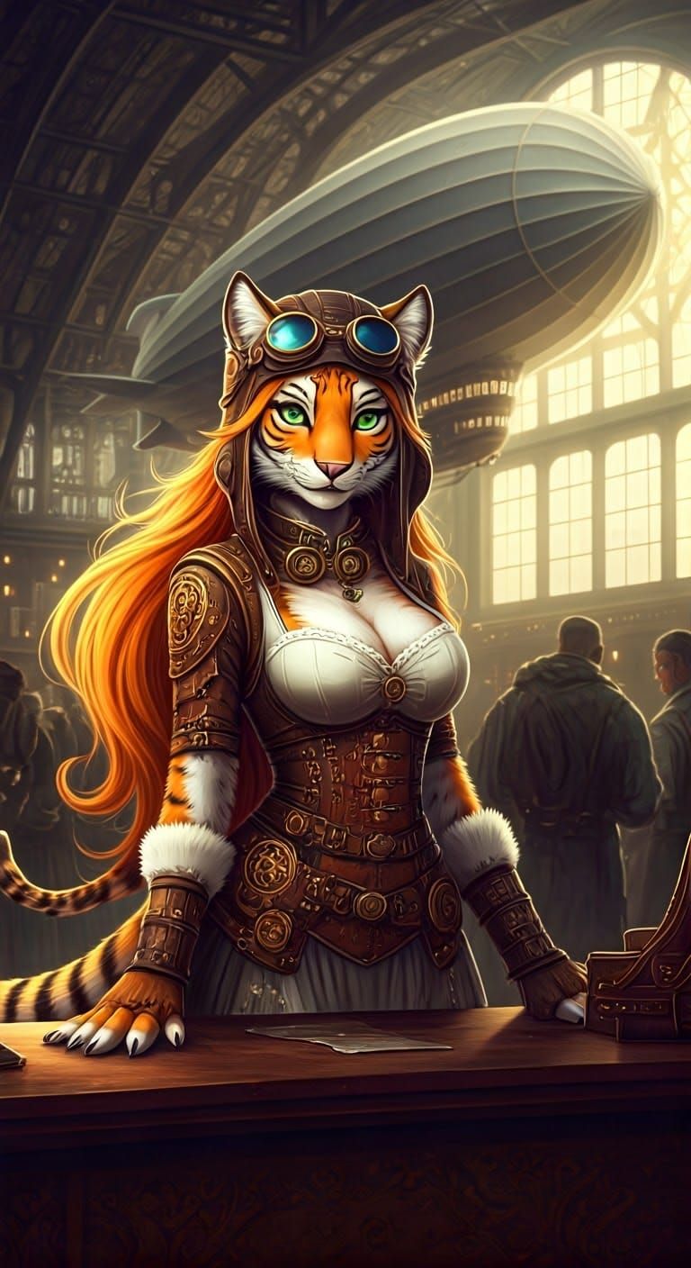 Steampunk Goddess in Vibrant Zeppelin Station
