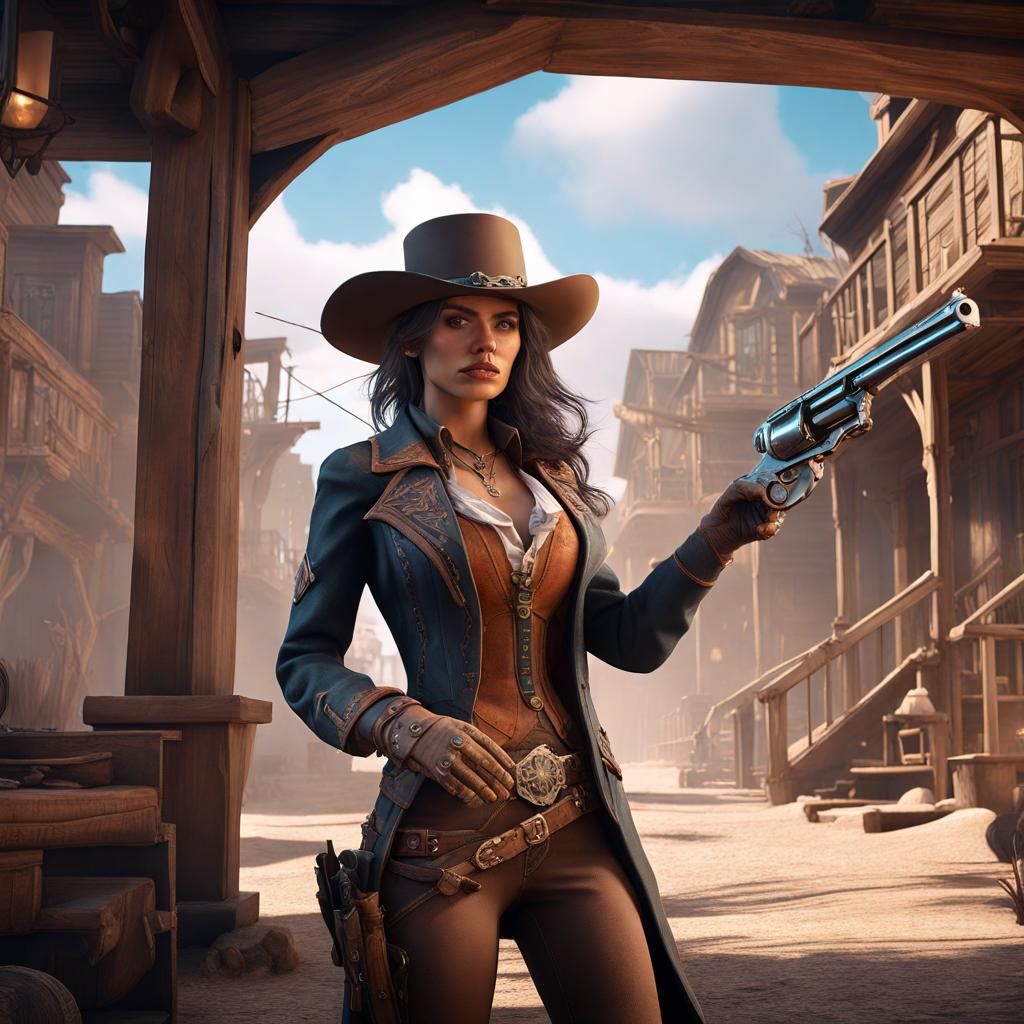 Wild West Female Gunslinger in Detailed Matte Painting