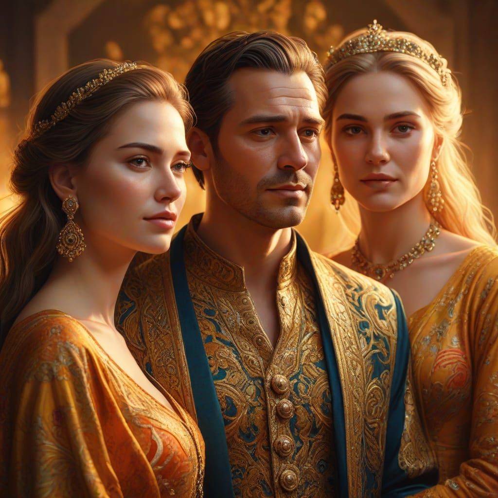 Man Stands with Two Wives: Digital Painting