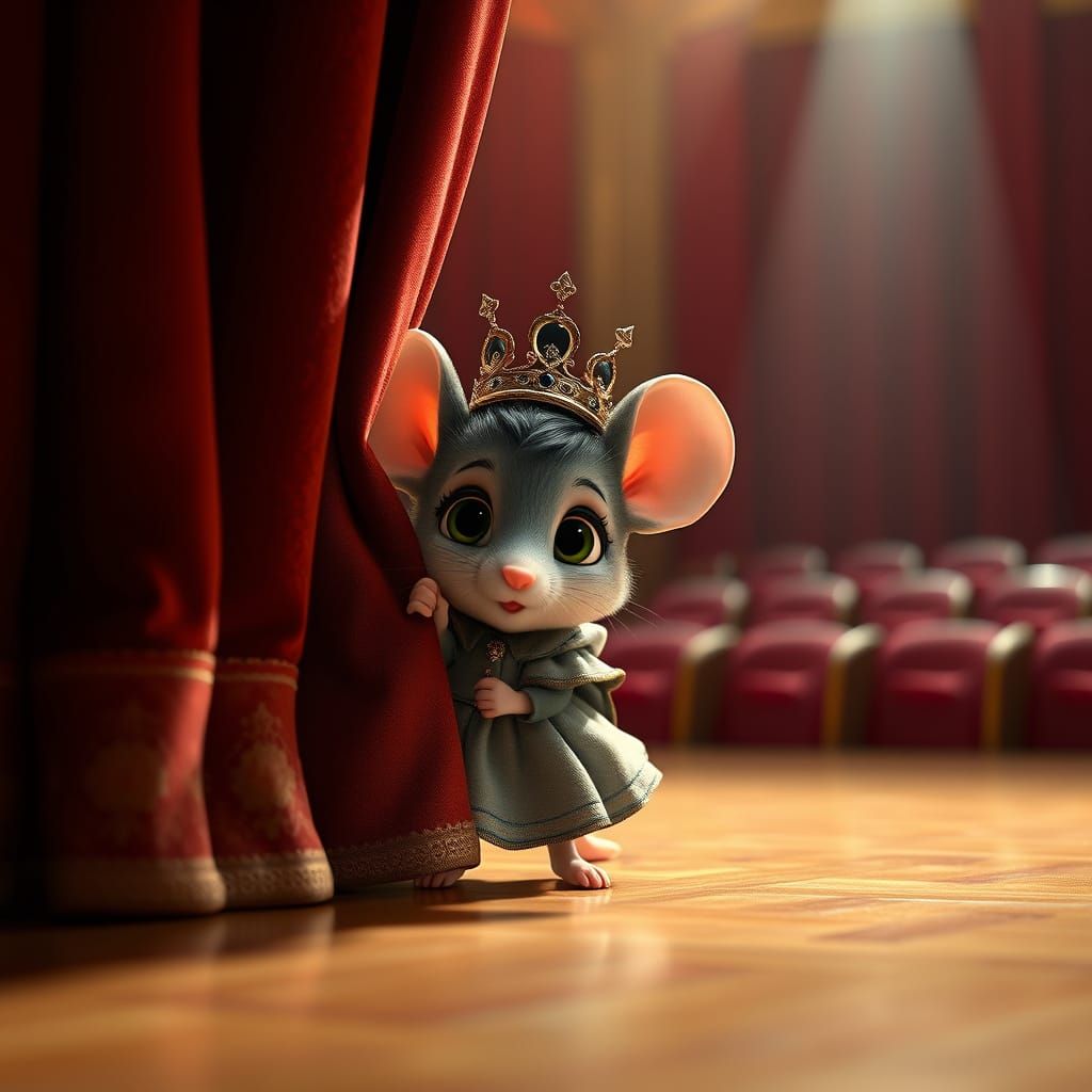 Pixar-Style Mouse Peeks from Stage Curtain