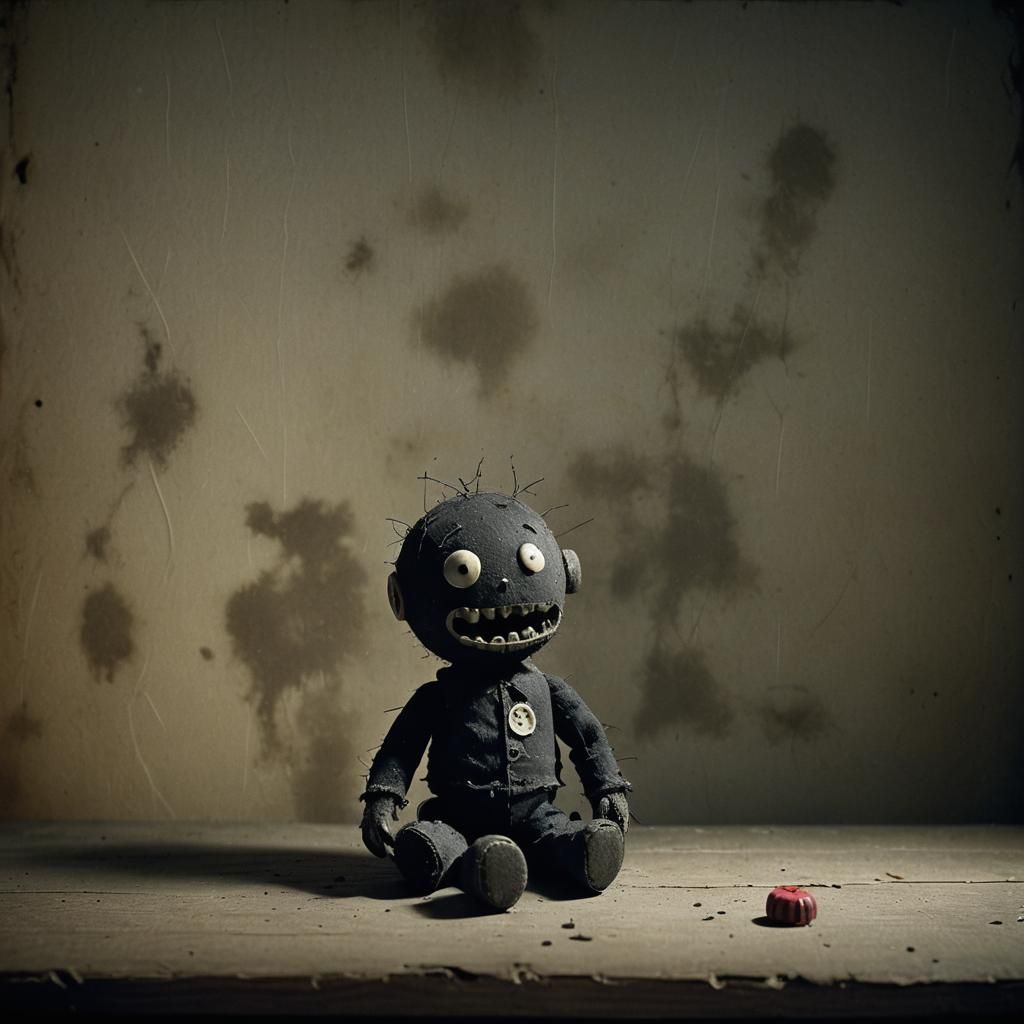 Creepy Toy on Dusty Shelf in Dark Surrealism