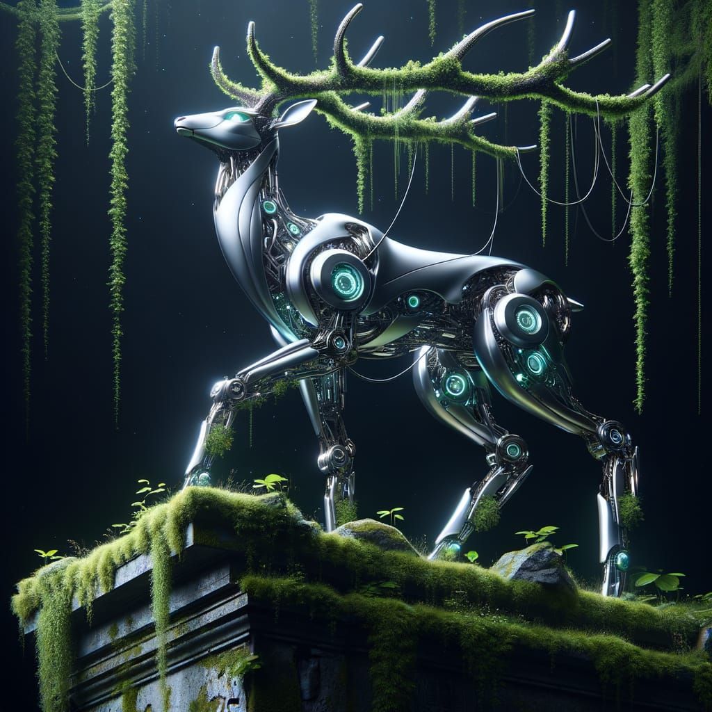 Cybernetic Deer on Mossy Ruins, Antlers Radiate Signals