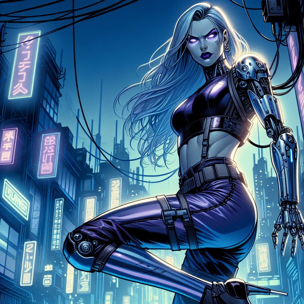 Cyberpunk Woman with Metal Prosthetics in Neon City