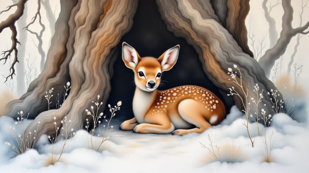 Baby Deer in Ancient Tree Hollow, Oil Painting Style