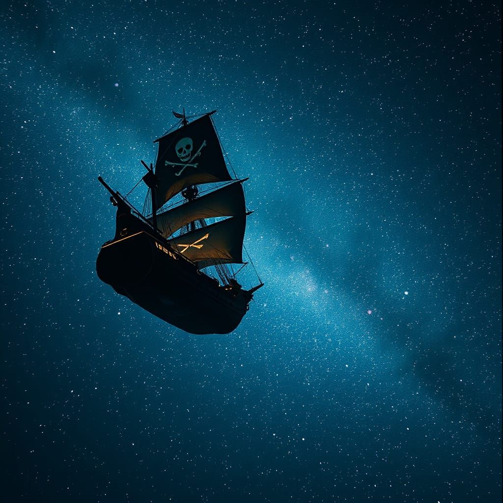 Black Pirate Ship Soaring Through Starry Night