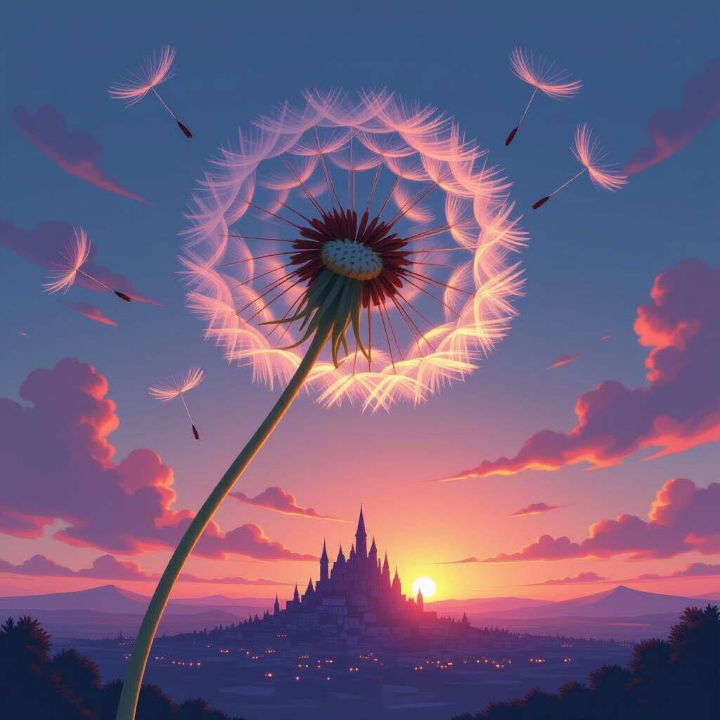 Giant Dandelion Seed Over Miniature City at Twilight