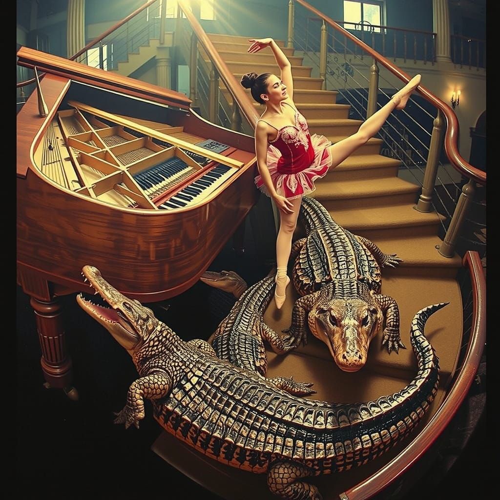 Hyperrealistic Ballerina with Crocodiles and Red Shoes
