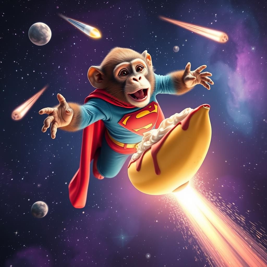 Monkey Superman Soaring Through Space with Ice Cream