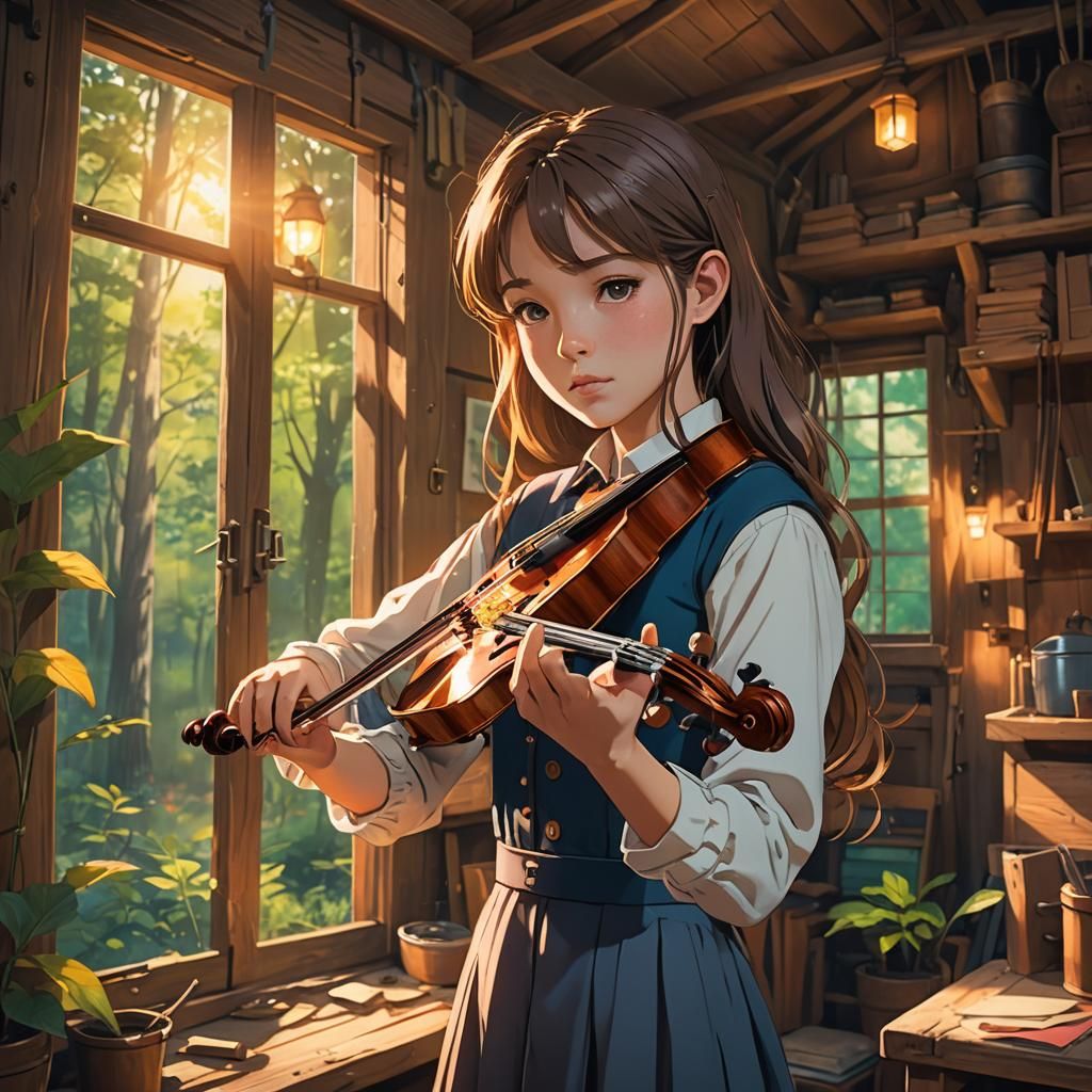 Anime Girl Plays Violin in Forest Shed
