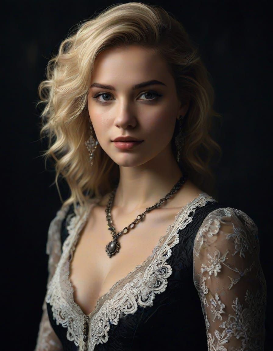 Muted Colors Portrait of a Blonde Woman in Elegant Embroider...