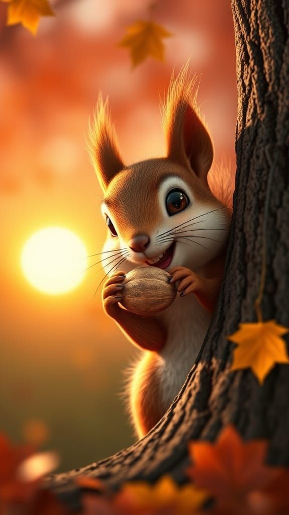 Adorable Squirrel Peeking from Behind Tree at Sunset