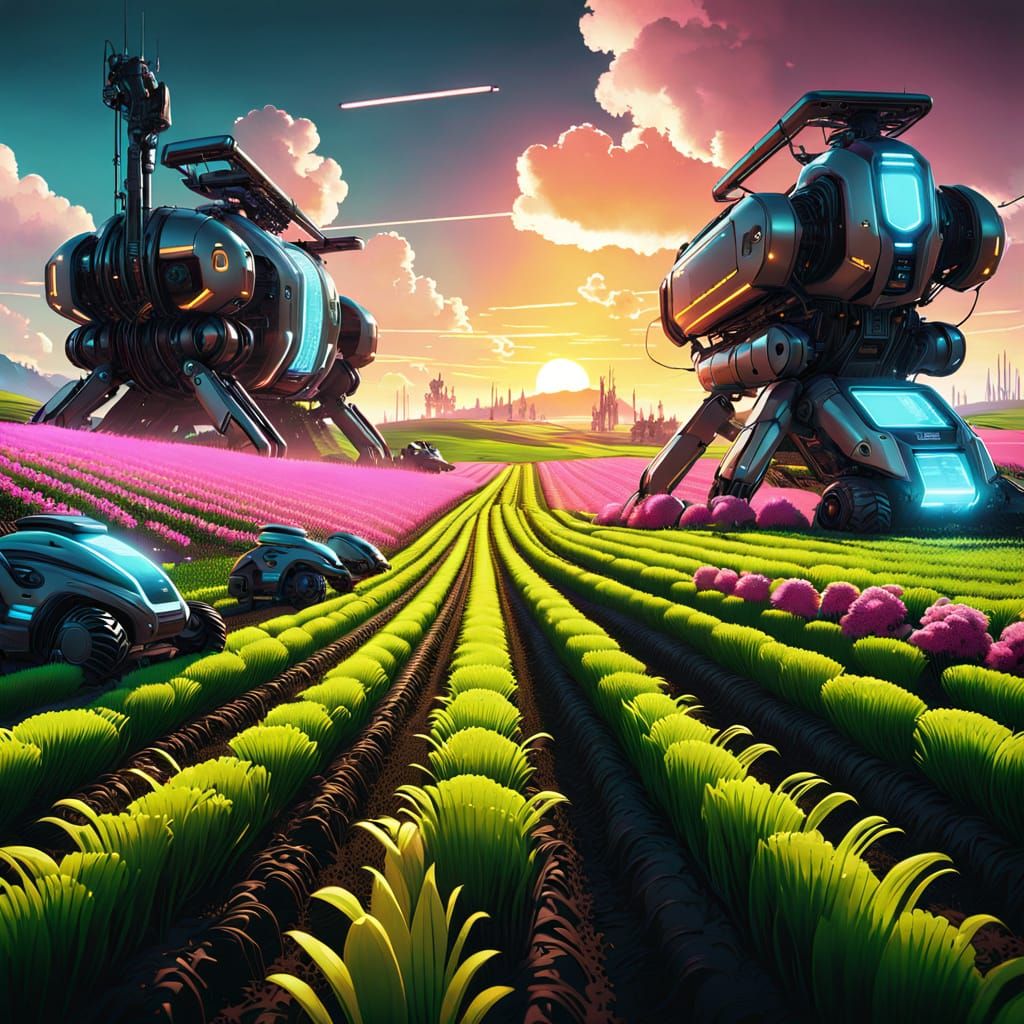 Futuristic Springtime Farm in Neon-Lit Technicolor