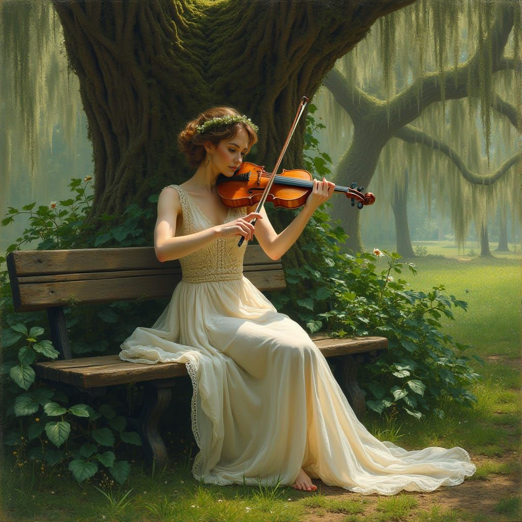 Romantic Bohemian Violinist in a Lush Pre-Raphaelite Garden