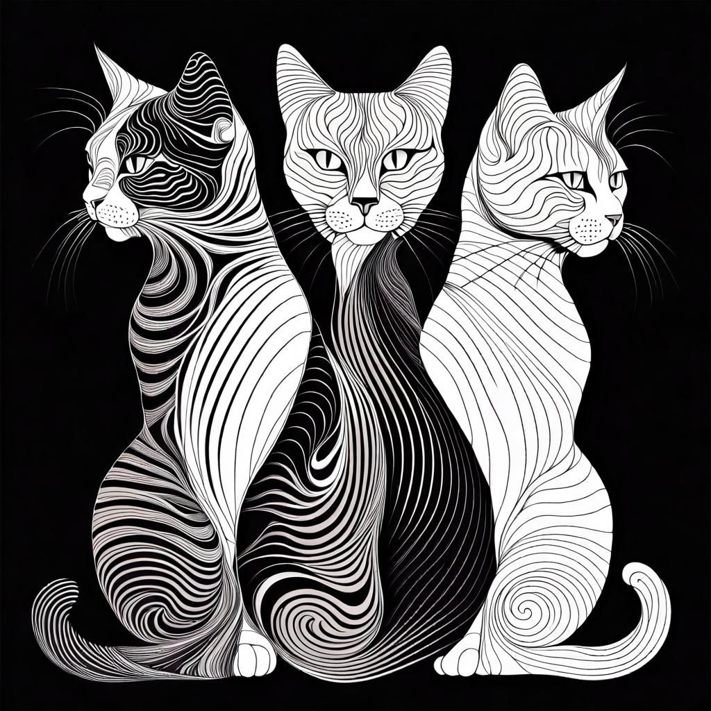 Abstract Line Art of Three Cats in Black and White