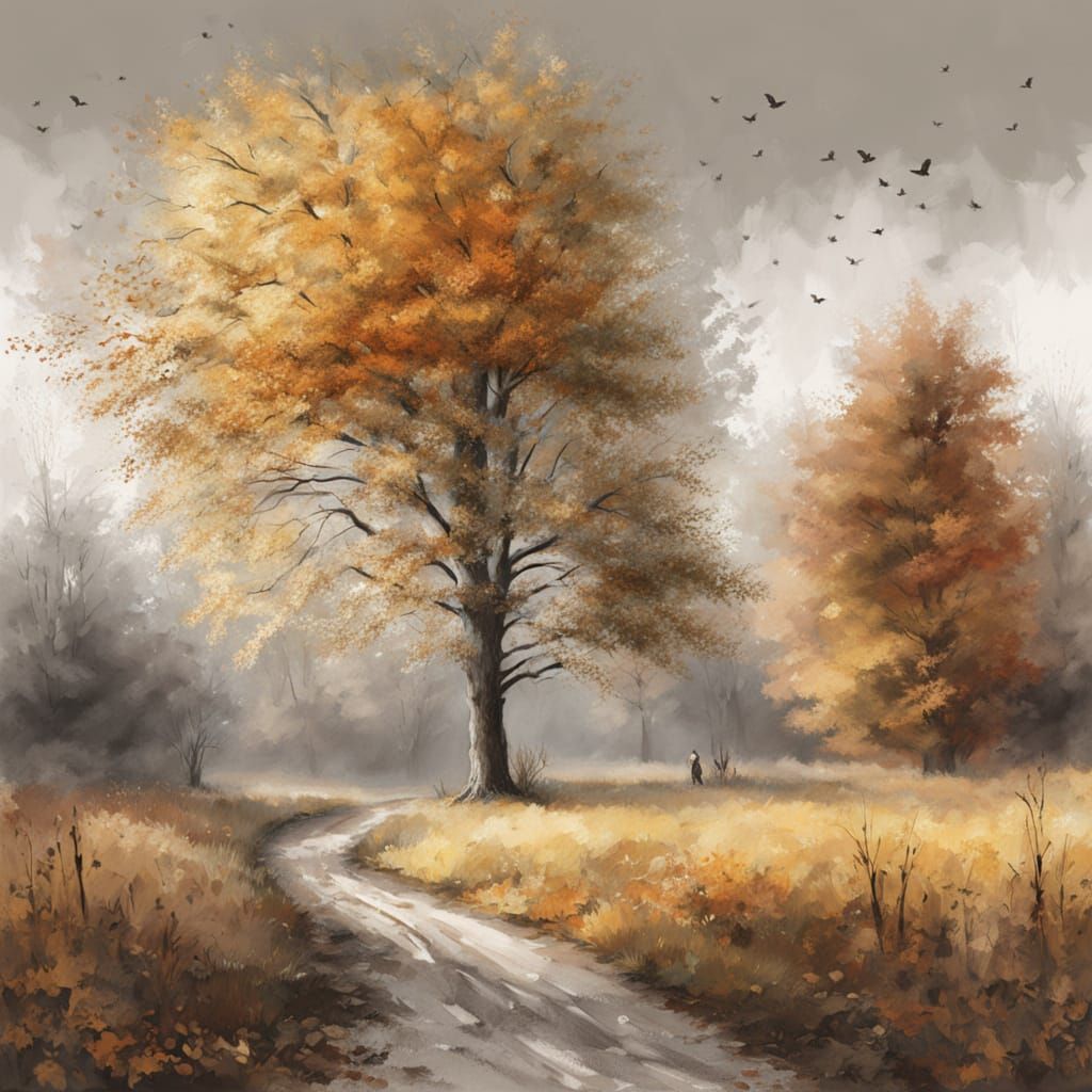 Tusche Drawing of Autumn Meadow in Monochrome