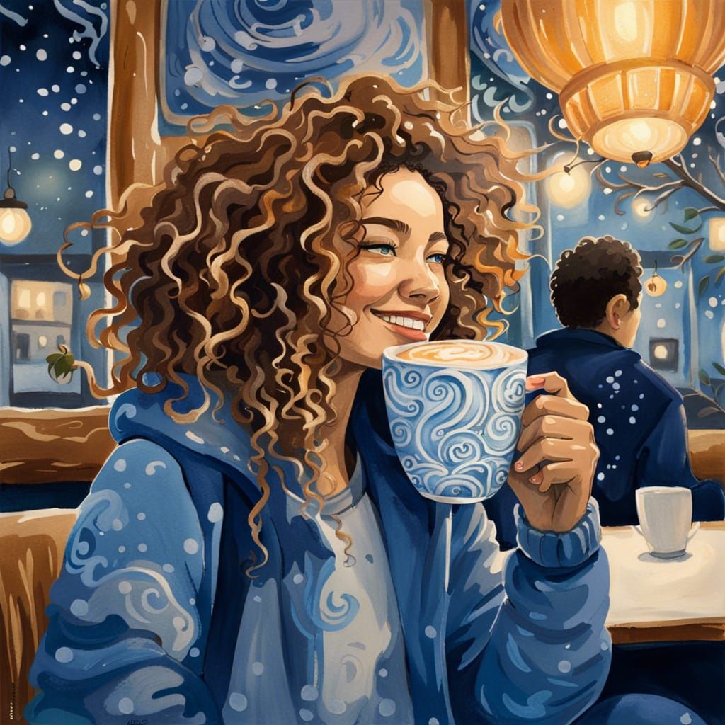 Girl with Latte: Ink Painting in Winter Tones