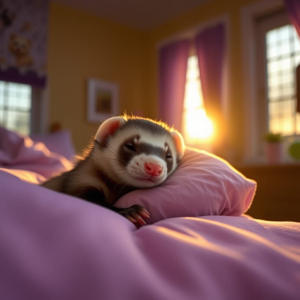 Cute Ferret Sleeps in Cozy Bedroom at Sunrise
