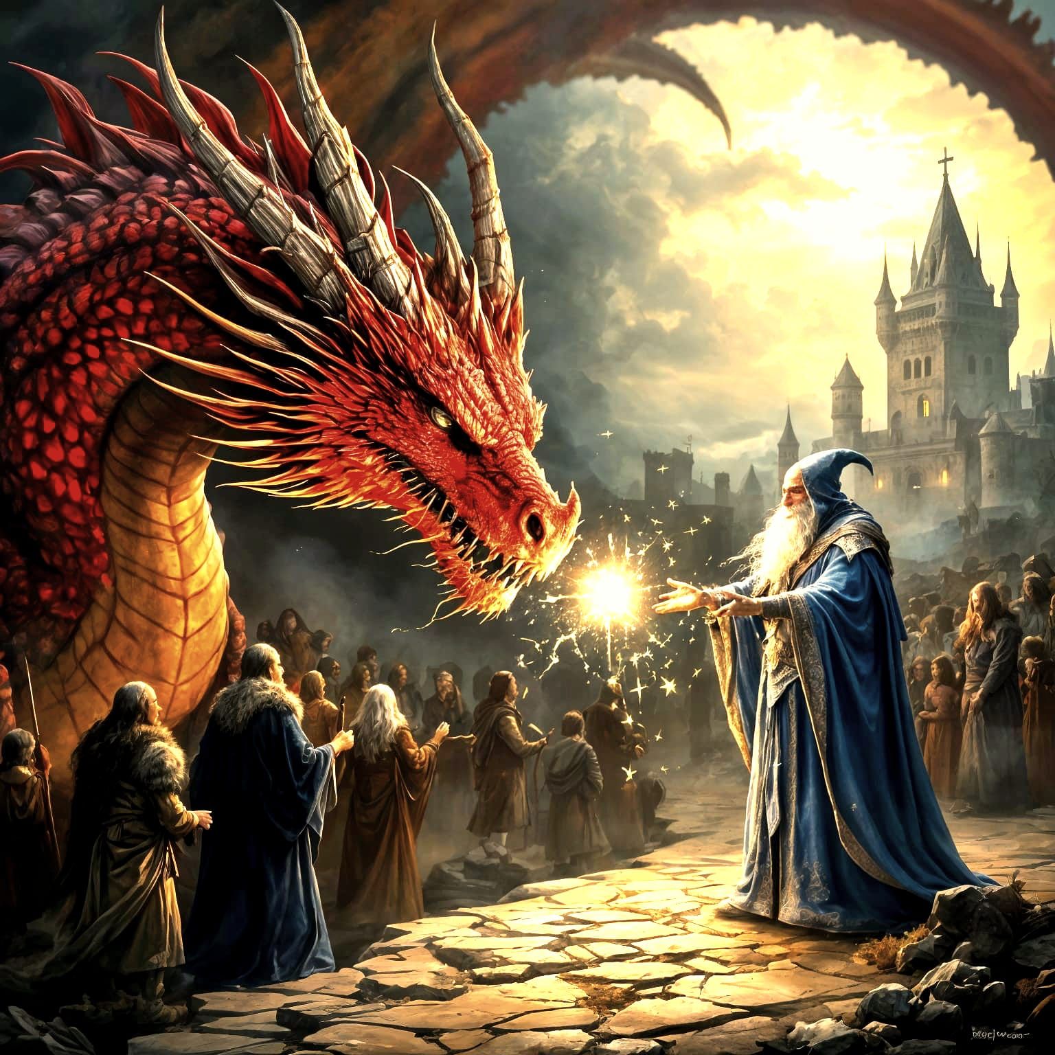Dragon Meets Wizard in Epic Fantasy Scene