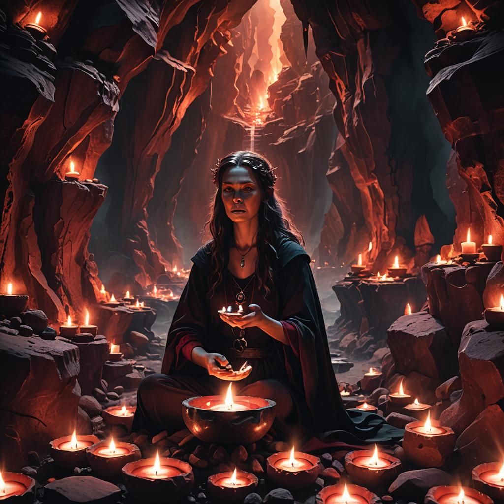 Witch Transformation in Dark Red Cavern