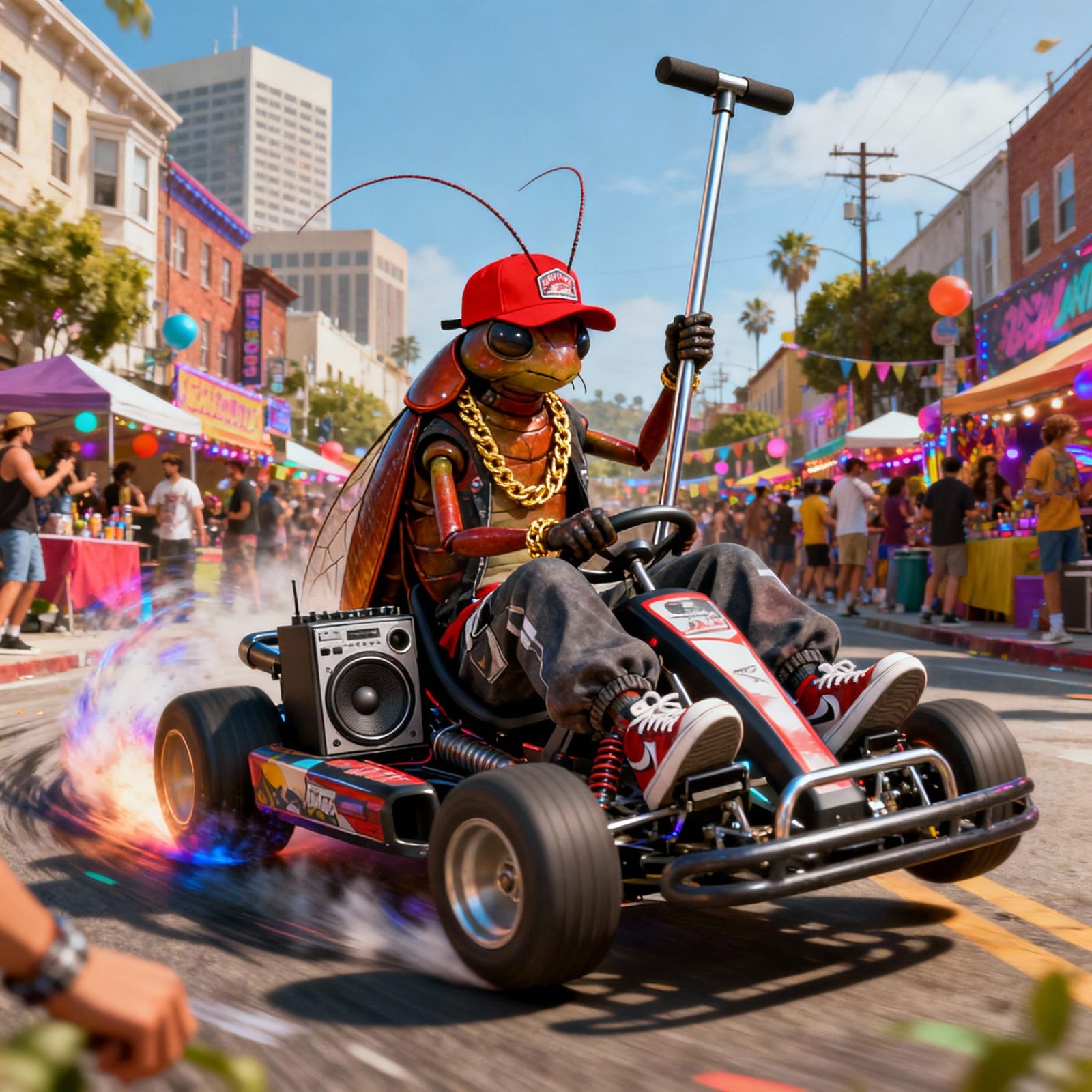 Anthropomorphic Roach in Trucker Hat Rides Go-Kart in Oaklan...