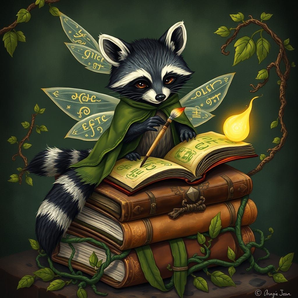 Fairy Raccoon Painting Runes in Folk-Art Style