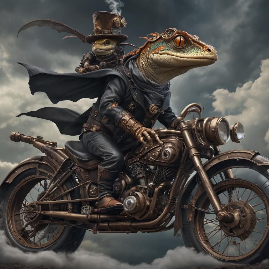 Steampunk Gecko Rides Motorcycle Through Storm