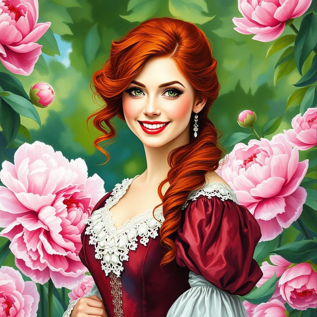 Baroque Gown Woman in Peony Garden Watercolor