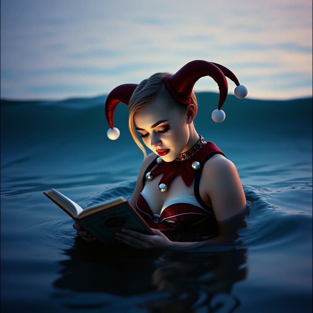 Harley Quinn in Serene Waterscape Reading