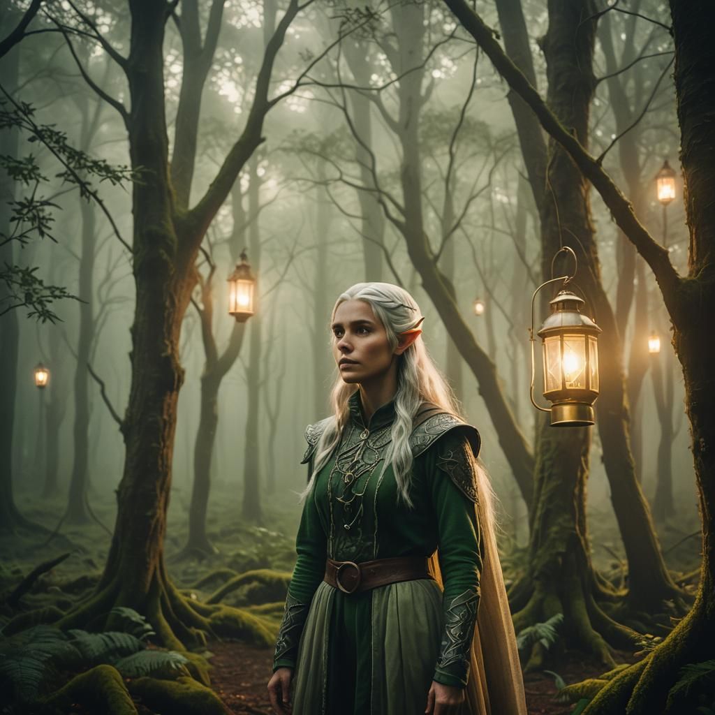 Ethereal Elf in Mystical Forest: Cinematic Film Still