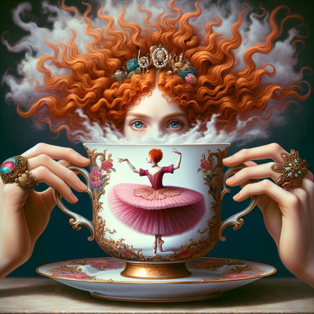 Ballerina's Ballet in Ornate Teacup, Pre-Raphaelite Style